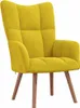 A yellow armchair with wooden legs against a white background. Produktbild-Vorschau