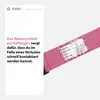 A pink luggage strap with a name tag is shown, with accompanying German text describing its function. Anteprima dell’immagine prodotto