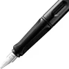 A close-up shot of the nib and part of the barrel of a black fountain pen. Produktbild-Vorschau
