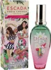 Bunte Parfumverpackung mit tanzenden Frauen, Blumen und Früchten neben einem grün-rosafarbenen Escada Fiesta Carioca Flakon mit silbernem Sprühkopf. Produktbild-Vorschau