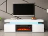 A modern white media console with a built-in electric fireplace is shown in a living room setting. Náhľad obrázku produktu