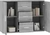A grey wooden sideboard with open doors and drawers, displaying books and storage containers. Voir les images du produit