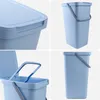 A collage of four images showing different views of a blue plastic trash can with a lid and handle. Produktbild-Vorschau