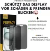 Marketing image showing a phone screen protector and its packaging, along with feature callouts. Produktbild-Vorschau