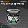 A pair of open-ear wireless earbuds in their charging case, with marketing text overlayed. Produktbild-Vorschau
