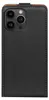 The back of a black leather flip case for an iPhone. Produktbild-Vorschau