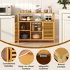 A bamboo storage cabinet with various kitchen items on display, shown in a kitchen setting. Four circular insets highlight product features. Podgląd zdjęcia produktu