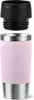 A pink travel mug with a black lid, featuring embossed text related to coffee and tea. Produktbild-Vorschau