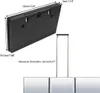 A black makeup mirror with LED lights and adjustable stand, shown with dimensions and extended height. Produktbild-Vorschau