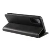 A black leather flip case for a smartphone is shown from the side, propped open. Produktbild-Vorschau