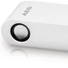 A close-up, studio shot of a white AEG wireless stereo speaker, showing the speaker grille and the AEG logo. Produktbild-Vorschau