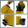 A collage of four images showing different views and details of a yellow pedal bin. Voir les images du produit