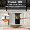 A stainless steel outdoor cabinet with doors open, showing jars and boxes inside, mounted on a brick wall. A hand is reaching towards the cabinet. Voir les images du produit