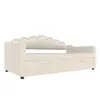 A beige upholstered daybed with a scalloped headboard and two storage drawers underneath, shown from a side angle on a white background. Náhled obrázku produktu