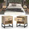 A bedroom scene with a bed and nightstands, and close-up shots of a nightstand. Produktbild-Vorschau