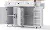A white kitchen island with a wooden countertop, shown with its doors and drawers open. Voir les images du produit