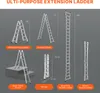 Various configurations and dimensions of an extension ladder are shown against a gray background. Podgląd zdjęcia produktu