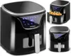 A collage of three images showing a black and silver air fryer from different angles, one with french fries in the basket. Náhled obrázku produktu