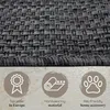 Close-up of a textured gray rug with three circular icons below, each with text. Produktbild-Vorschau