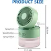 A product shot of a mini portable fan with a water tank for misting, showing its dimensions and features. Produktbild-Vorschau