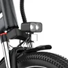 Close-up view of the front of an electric bicycle, focusing on the headlight and front fork. Produktbild-Vorschau