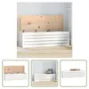 A collage of images showing a white wooden storage chest with a natural wood lid, displayed in different settings and angles. Produktbild-Vorschau