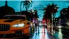 A neon-lit street scene at night, with a sports car in the foreground and a police car in the background. Produktbild-Vorschau