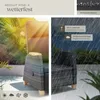 A split image showing a rattan armchair in sunlight on one side and in the rain on the other, with feature callouts. Náhled obrázku produktu