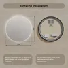 Diagram showing the dimensions and back of a round LED mirror, with accompanying text about installation and product details. Produktbild-Vorschau