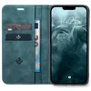 A teal flip case for an iPhone is shown open, with cards and a banknote inserted. Produktbild-Vorschau