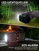A collage showing a hand holding a portable radio with a flashlight in a forest at night, and the radio placed on a stone surface with a fire in the background. Produktbild-Vorschau