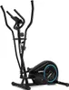 A black elliptical trainer with blue accents, shown in a studio setting against a white background. Produktbild-Vorschau