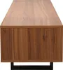 A close-up, straight-on view of a rectangular TV cabinet with a dark wood finish, elevated on black legs. Anteprima dell’immagine prodotto