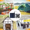 Collage of four scenes: a greenhouse, a tent at a campsite, a dog house, and an office meeting room, with a solar panel and fan in the center. Produktbild-Vorschau