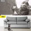 A split image showing a cat scratching a sofa before and after using a protective cover. Produktbild-Vorschau