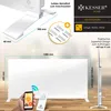 A white infrared heater is shown with dimensions and accessories, including a smartphone and remote control. Produktbild-Vorschau