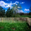A rustic wooden fence in a grassy field under a blue sky with clouds. Produktbild-Vorschau