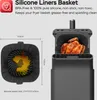 A marketing image showing a silicone liner for an air fryer, with dimensions and a cooked chicken inside an air fryer. Náhľad obrázku produktu