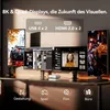 A desk setup with multiple monitors displaying various content, including a car, technical diagrams, and a video call, with icons representing different uses at the bottom. Produktbild-Vorschau