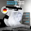 A close-up, cutaway view of the internal mechanism of a white rowing machine, with German text overlays highlighting features. Produktbild-Vorschau