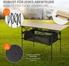 A camping table set up on grass with informational callouts. Podgląd zdjęcia produktu