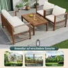 An outdoor furniture set is shown on a patio, with examples of its use in different settings below. Produktbild-Vorschau