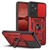 A red and black phone case with a ring stand is shown from multiple angles, with a phone screen visible in one angle. Produktbild-Vorschau