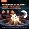 A fire pit ring with a fire burning inside, surrounded by stones and rocks. The image includes text overlays highlighting product features. Produktbild-Vorschau