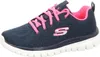 A side view of a navy blue Skechers sneaker with pink laces and accents. Podgląd zdjęcia produktu