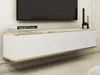 A modern white TV cabinet with gold trim is mounted on a wall. Produktbild-Vorschau