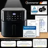 A product shot of an air fryer with accompanying certifications and customer reviews. Produktbild-Vorschau