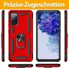 A collage of images showing a red phone case from different angles, including a close-up of the back with a ring holder and a view of the phone screen inside the case. Produktbild-Vorschau