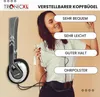 A woman wearing headphones is shown smiling and holding a phone, with a pair of headphones prominently displayed on the left side of the image. Text overlays highlight product features. Produktbild-Vorschau