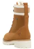 A rear view of a brown lace-up boot with a white sole and a knitted cuff. Produktbild-Vorschau
